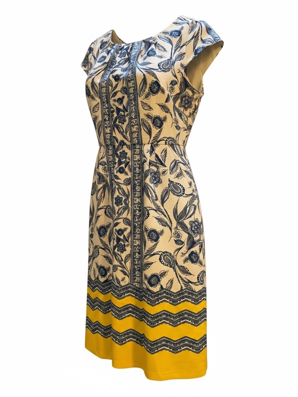 NWT- Emma & Michele Cream Midi Dress with Blue Floral Print and Yellow Hem